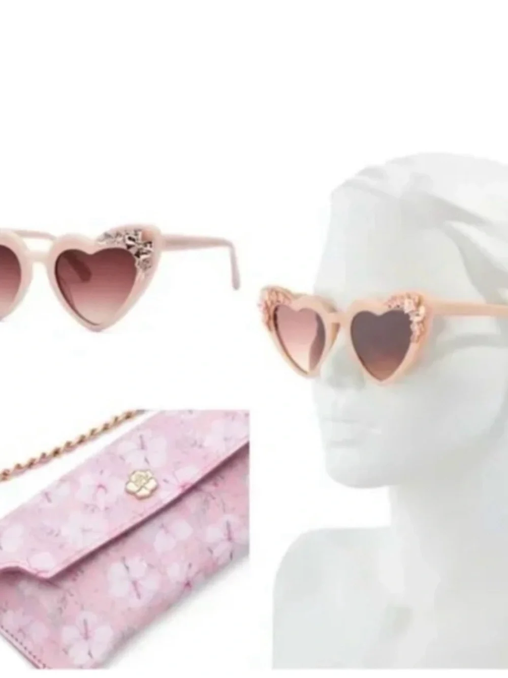 LoveShackFancy pink peach heart sunglasses with rose-gold floral embellishment